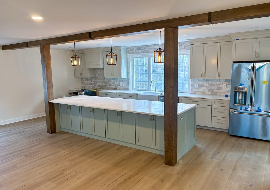 faux beam construction kitchen
