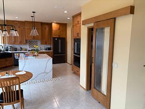 Pantry, waterfall quartz island