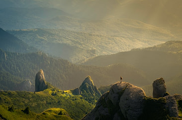 Man standing in a beautiful sun lit green canyon!!!