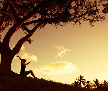 lady sitting under a tree with her arms outstretched towards the sky.